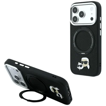 Karl Lagerfeld Ring Stand 360 Karl & Choupette Heads MagSafe vāciņš iPhone 18 Pro Max / 17 Pro Max, melns