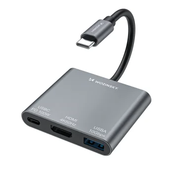 USB centrmezgls Wozinsky WHCH-01 USB-C PD 100W HDMI 4K@30Hz USB-A 10 Gb/s, pelēks