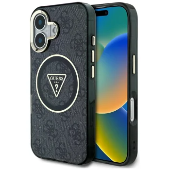 Guess IML Metal Glitter 4G Circle Triangle MagSafe vāciņš Apple iPhone 16, Melns