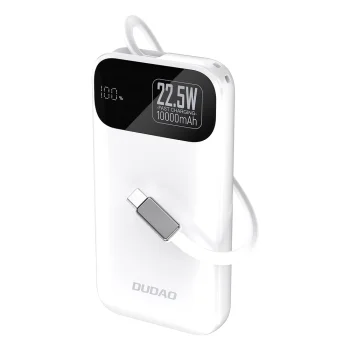 Ārējais akumulators Dudao K31, 10000 mAh, 22.5W PD, ar iebūvētu USB-C kabeli, balts