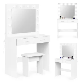 ModernHome CHDT03 kosmētikas galdiņš ar LED apgaismojumu un krēslu, Balts