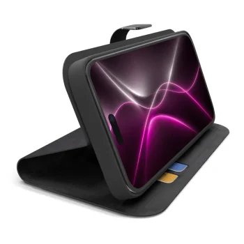 SBS Wallet Smart atverams vāciņš iPhone 18 Pro Max ar statīvu un karšu kabatām, melns