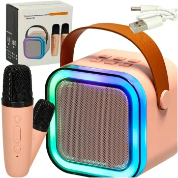 Bērnu karaoke komplekts ar Bluetooth skaļruni, RGB un 2 mikrofoniem 6W, Rozā