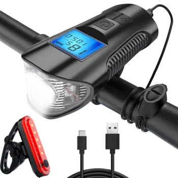 3in1 LED velosipēda lukturu komplekts ar spidometru un skaņas signālu