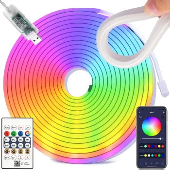 5m RGB LED Neona Lenta ar Bluetooth Lietotni, Pulti un USB