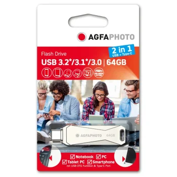 USB zibatmiņa AgfaPhoto 2in1 64GB USB-C OTG, sudraba