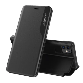 Atverams vāciņš iPhone 13 Pro Max Eco Leather View Case ar statīva funkciju, melns