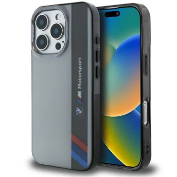 BMW Motosport IML Vertical Stripe vāciņš iPhone 16 Pro, pelēks