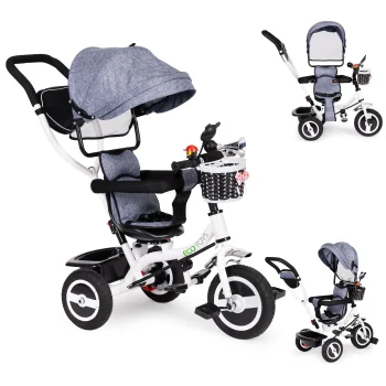 Ecotoys bērnu trīsritenis ar grozāmu sēdekli un jumtiņu, pelēks