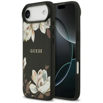 Guess Grained Flowers Classic Logo MagSafe vāciņš iPhone Air, Melns