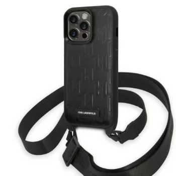 Karl Lagerfeld iPhone 14 Pro vāciņš ar siksniņu Monogram Plaque Logo Melns