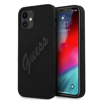Guess iPhone 12 mini vāciņš Silicone Vintage Script, melns