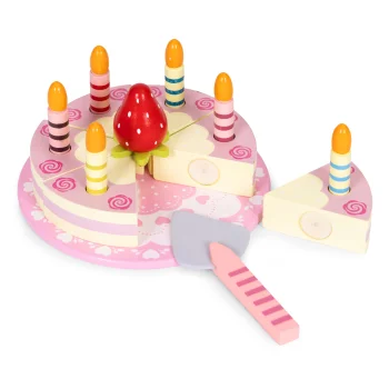 Ecotoys koka dzimšanas dienas torte ar svecītēm un zemenēm, 15 daļas