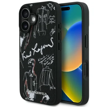 Karl Lagerfeld Grained Pattern & Logo MagSafe vāciņš priekš iPhone 16, melns