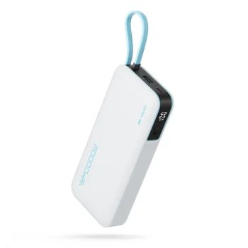 Ārējais akumulators Cuktech CUKP200NGLLG 55W 20000mAh ar iebūvētu USB-C kabeli, balts