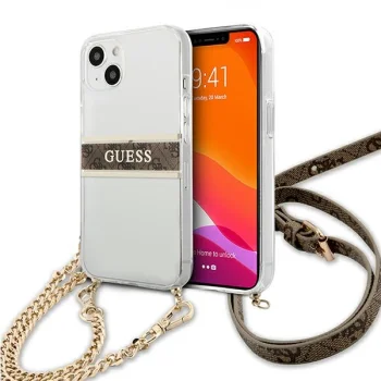 Guess iPhone 13 mini vāciņš 4G Brown Strap Gold Chain, caurspīdīgs