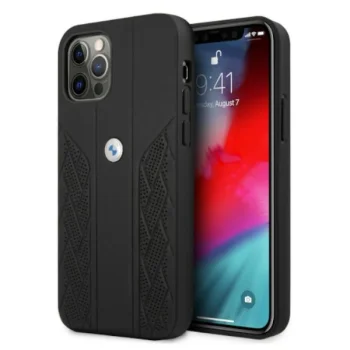 BMW iPhone 12 / 12 Pro vāciņš Leather Curve Perforate, melns