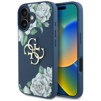 Guess Grained Roses Big 4G Logo vāciņš iPhone 16, zils