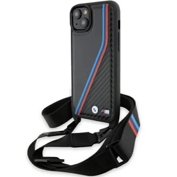 BMW M Edition Carbon Tricolor Lines & Strap vāciņš iPhone 15 Plus / 14 Plus, melns