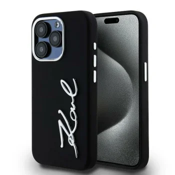 Karl Lagerfeld Silicone Metal Script Logo iPhone 15 Pro Max vāciņš, melns