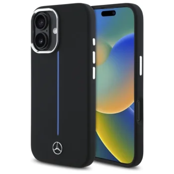 Mercedes iPhone 16 vāciņš Silicone Blue Stripe MagSafe, melns
