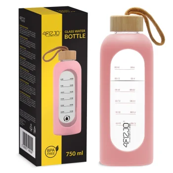 4FIZJO stikla ūdens pudele ar silikona vāciņu 750 ml, rozā
