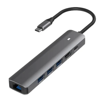 USB-C adapteris un dokstacija 6-in-1, 4K HDMI, RJ-45 LAN, 3x USB 3.0, PD 100W, pelēks