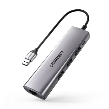 Ugreen CM266 5in1 USB centrmezgls USB-A uz RJ45, 3x USB-A 3.0, micro USB, pelēks