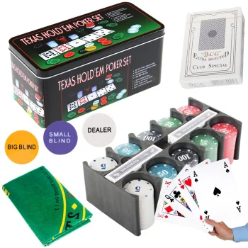 Texas Hold'em pokera komplekts, 200 žetoni, kārtis, paklājs