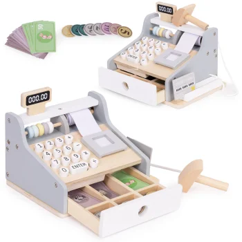 Ecotoys koka kases aparāts bērniem ar skeneri un naudu