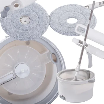 Rotējošais grīdas mops 360 Spin ar spaini un riteņiem, 2 mikrošķiedras uzgaļi, balts