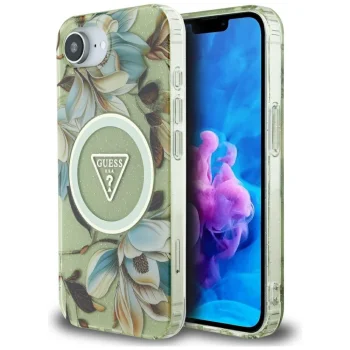 Guess IML Metal Glitter Flowers Triangle MagSafe vāciņš Apple iPhone 16e - Zaļš