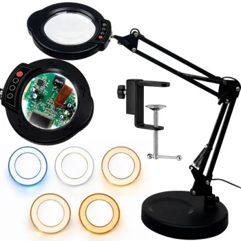 Galda lupa ar LED lampu 10x, regulējamu statīvu un pamatni, melna