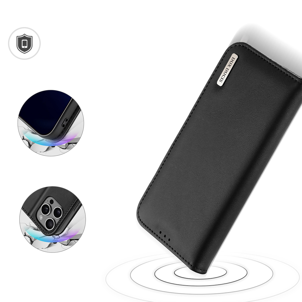 Dux Ducis iPhone 16 Pro atverams ādas vāciņš maciņš-grāmatiņa Hivo ar RFID aizsardzību, melns