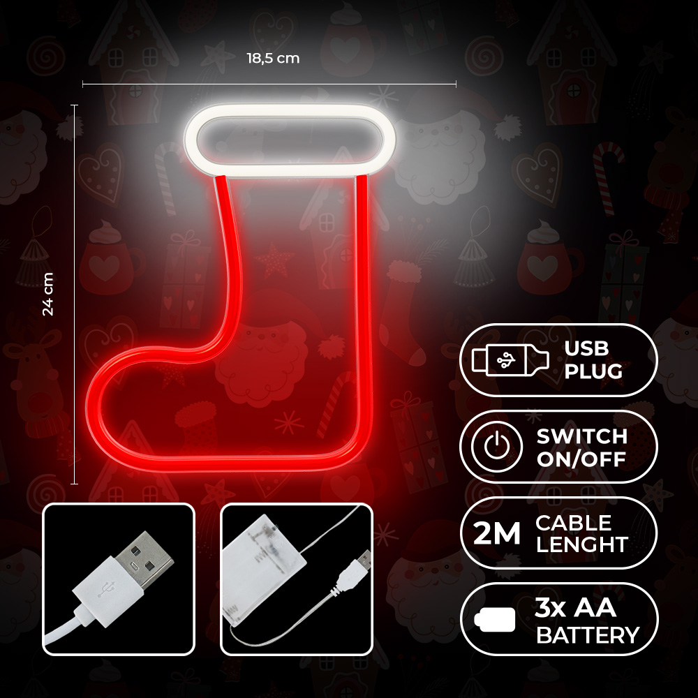 Forever Light LED neons Ziemassvētku zeķe, balts un sarkans