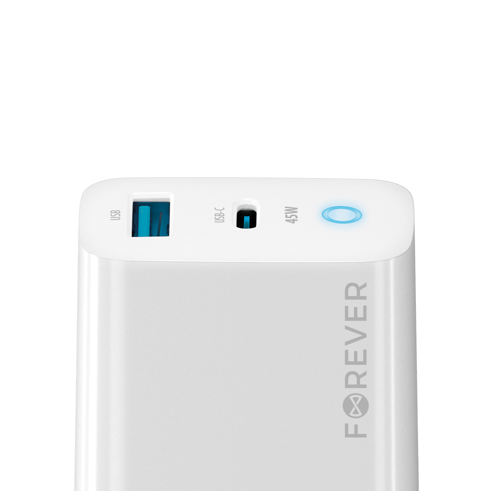 Forever GaN PD QC TC-06 45W Tīkla Lādētājs (USB-C + USB) Balts