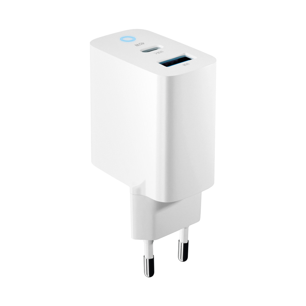 Forever GaN PD QC TC-06 45W Tīkla Lādētājs (USB-C + USB) Balts
