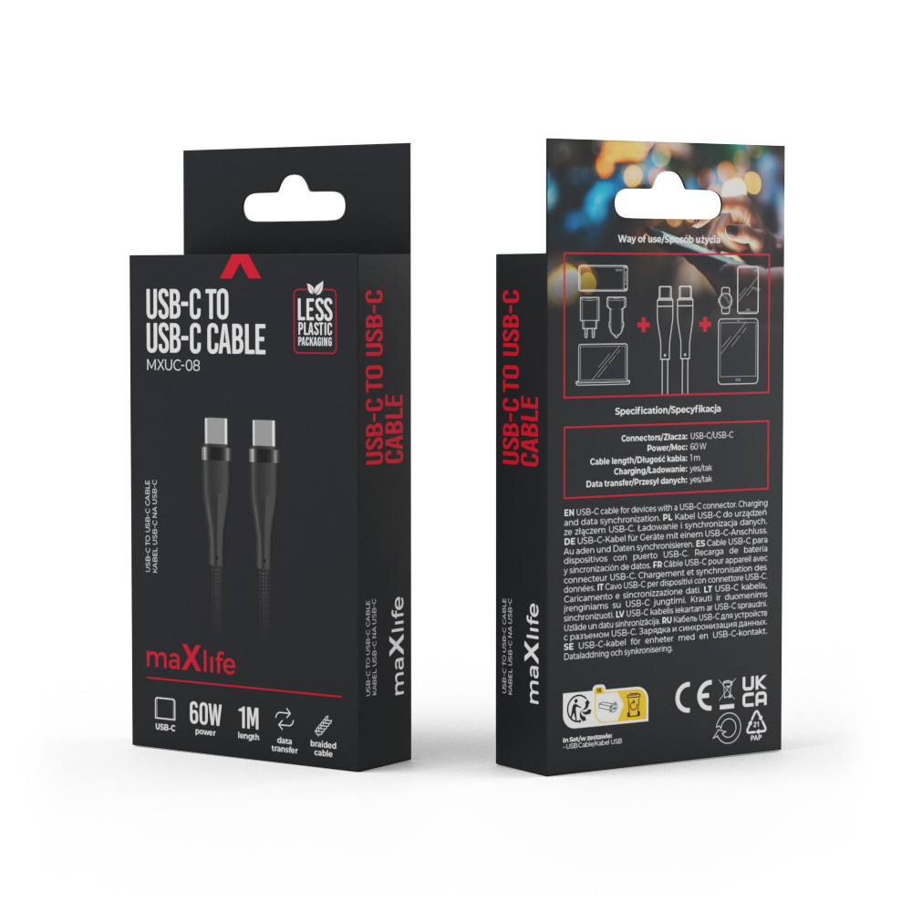 Maxlife USB-C - USB-C kabelis MXUC-08 1,0 m 60W, melns