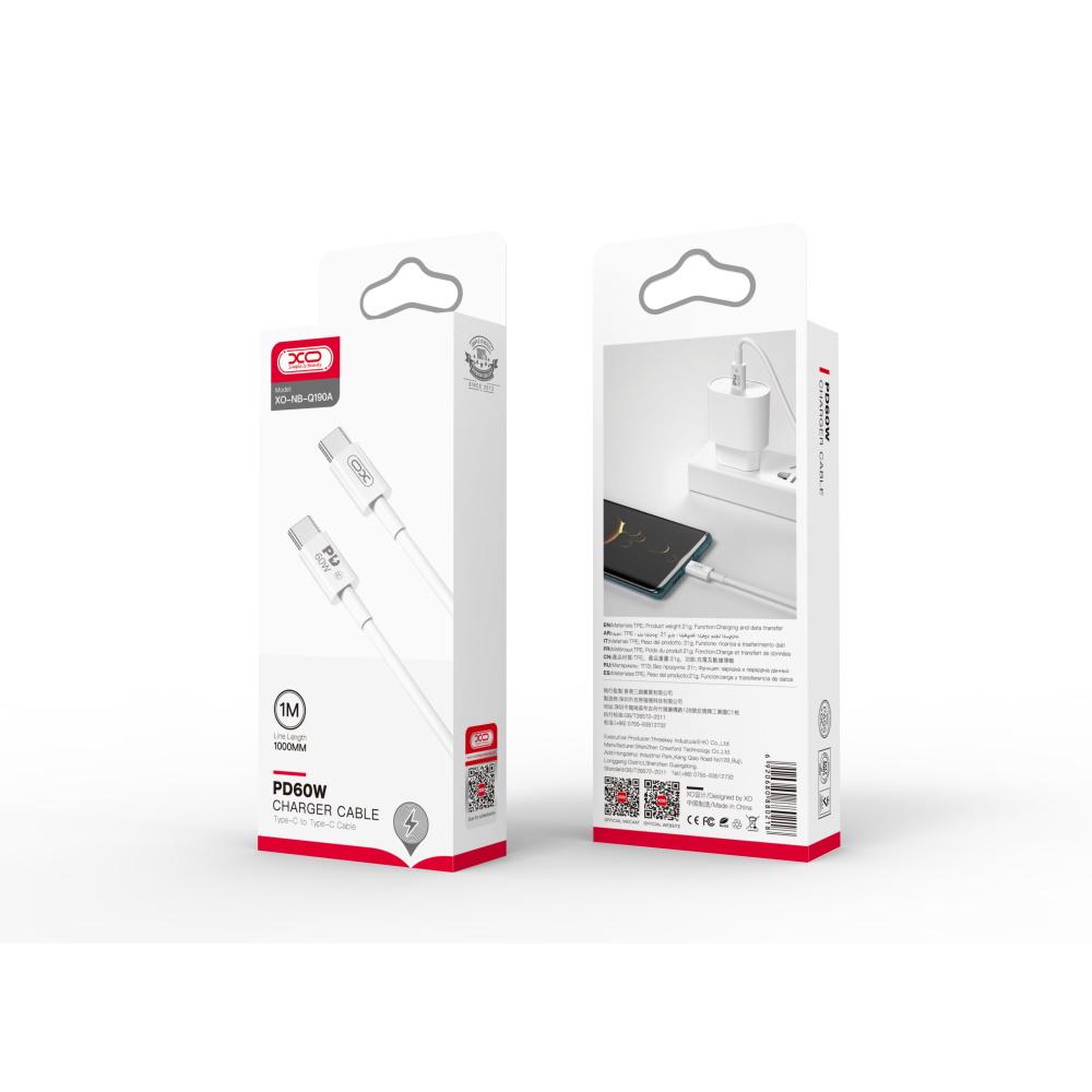 XO NB-Q190A USB Type C to USB Type C Data Charging Cable 60W, 1m, White | Lādētājvads Datu Pārraides Kabelis