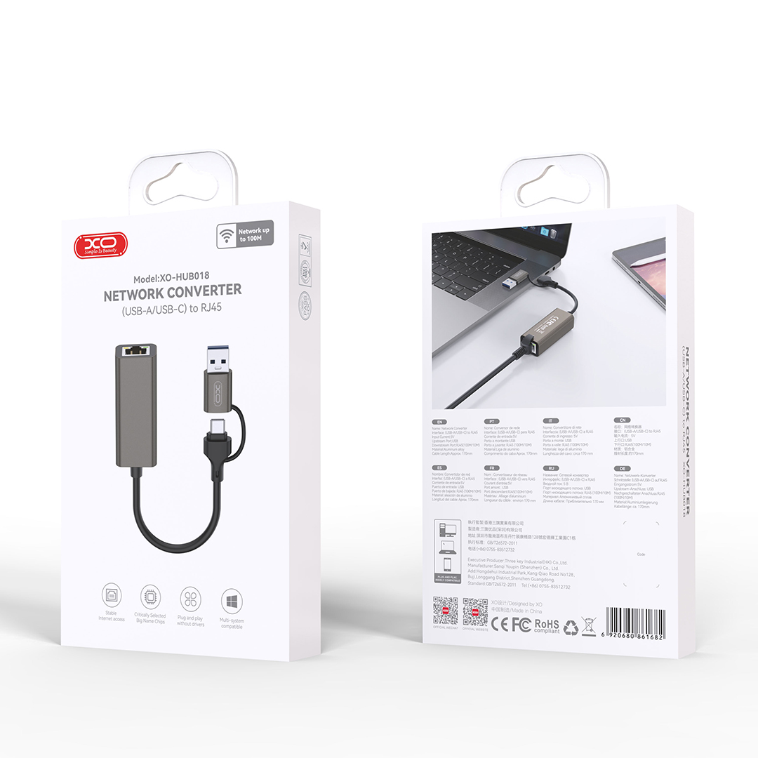 XO HUB018 2-in-1 USB-A / USB-C uz RJ45 tīkla adapteris, pelēks