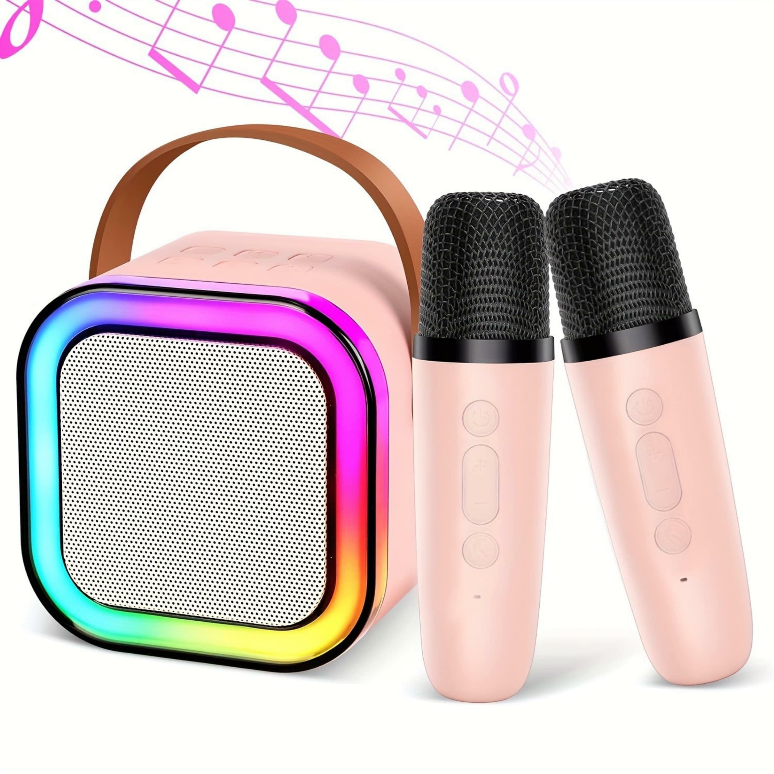Bluetooth karaoke komplekts ar skaļruni un 2 mikrofoniem, rozā