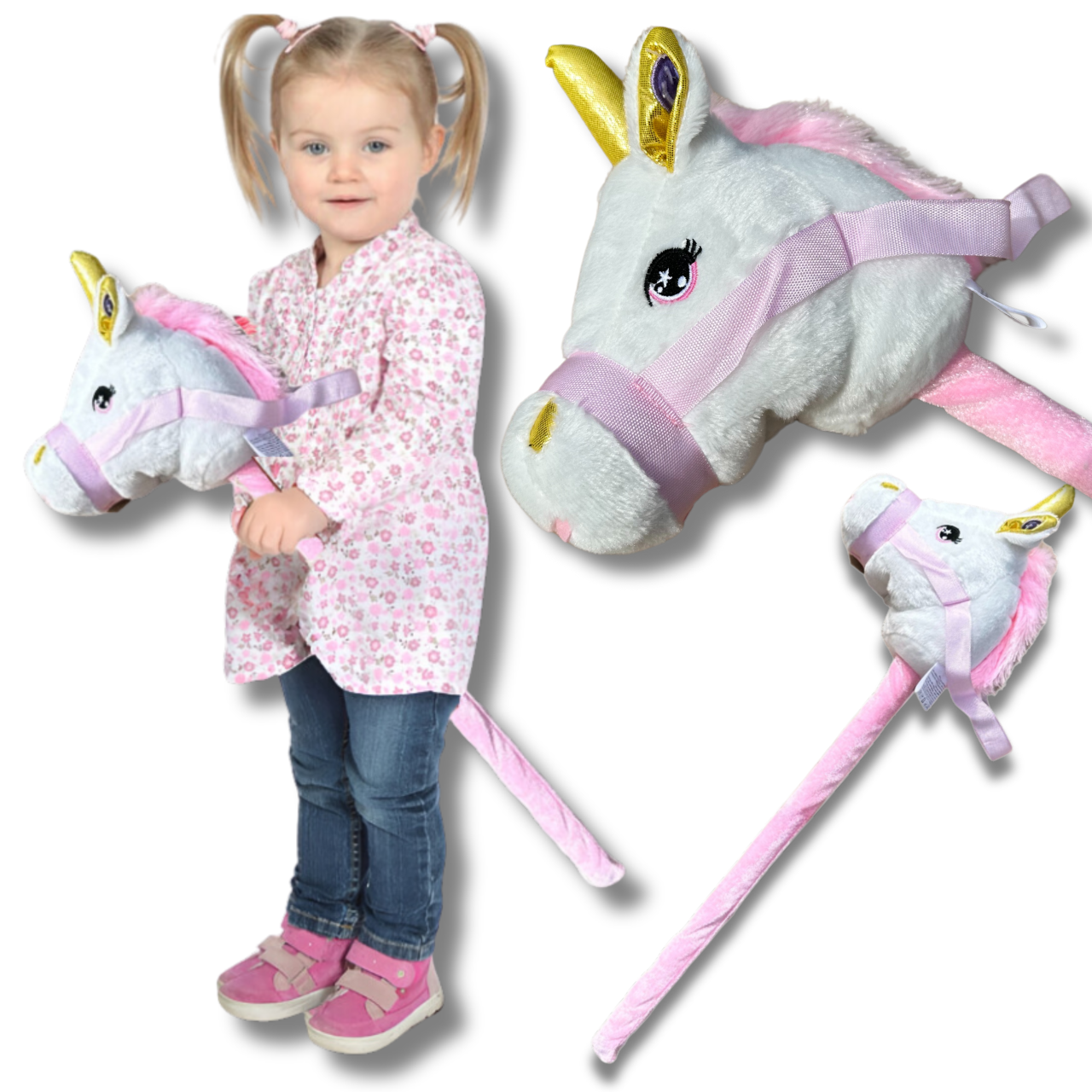 Bakalu Hobby Horse vienradža galva uz kāta ar skaņu, balta