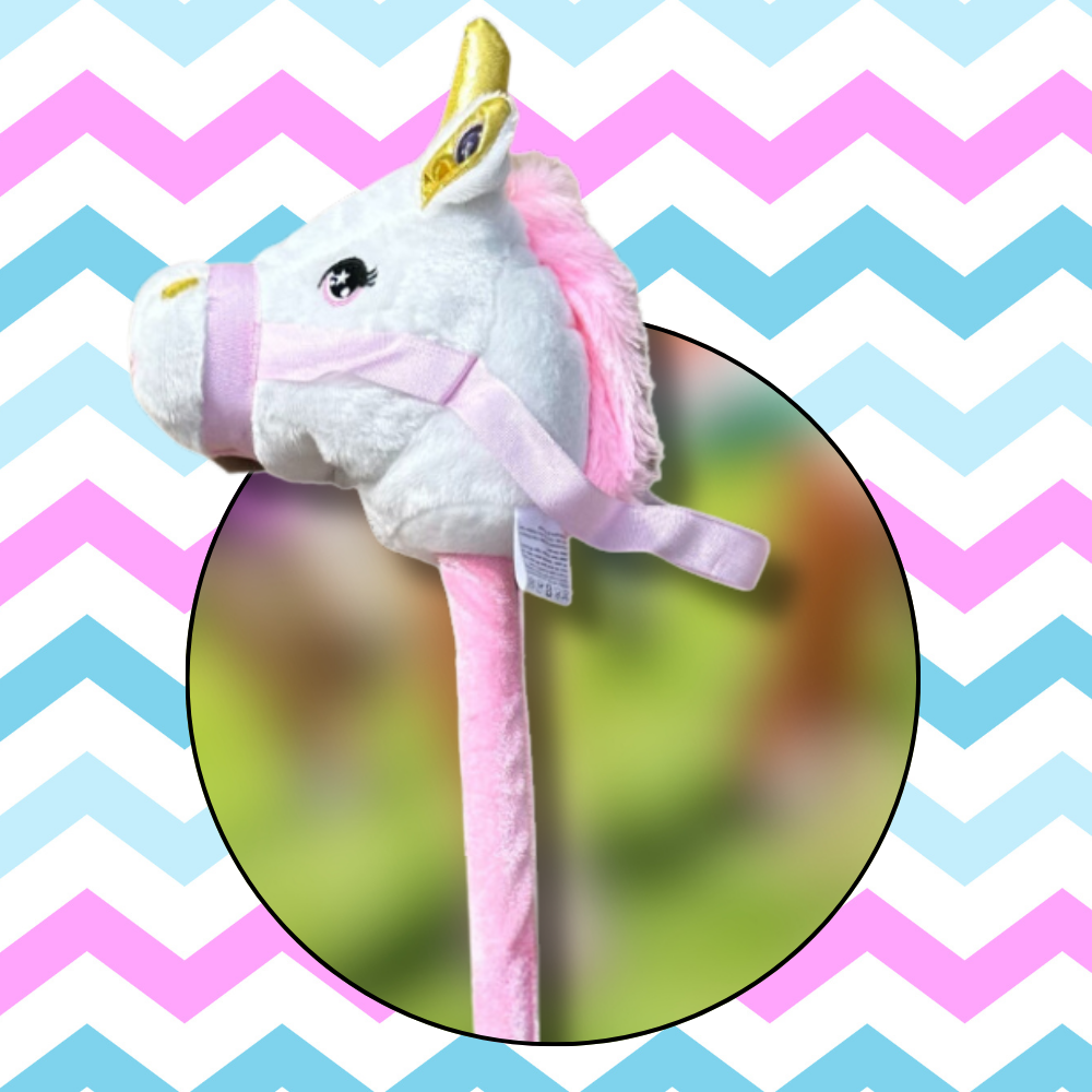 Bakalu Hobby Horse vienradža galva uz kāta ar skaņu, balta