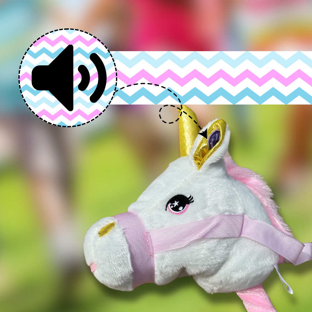 Bakalu Hobby Horse vienradža galva uz kāta ar skaņu, balta