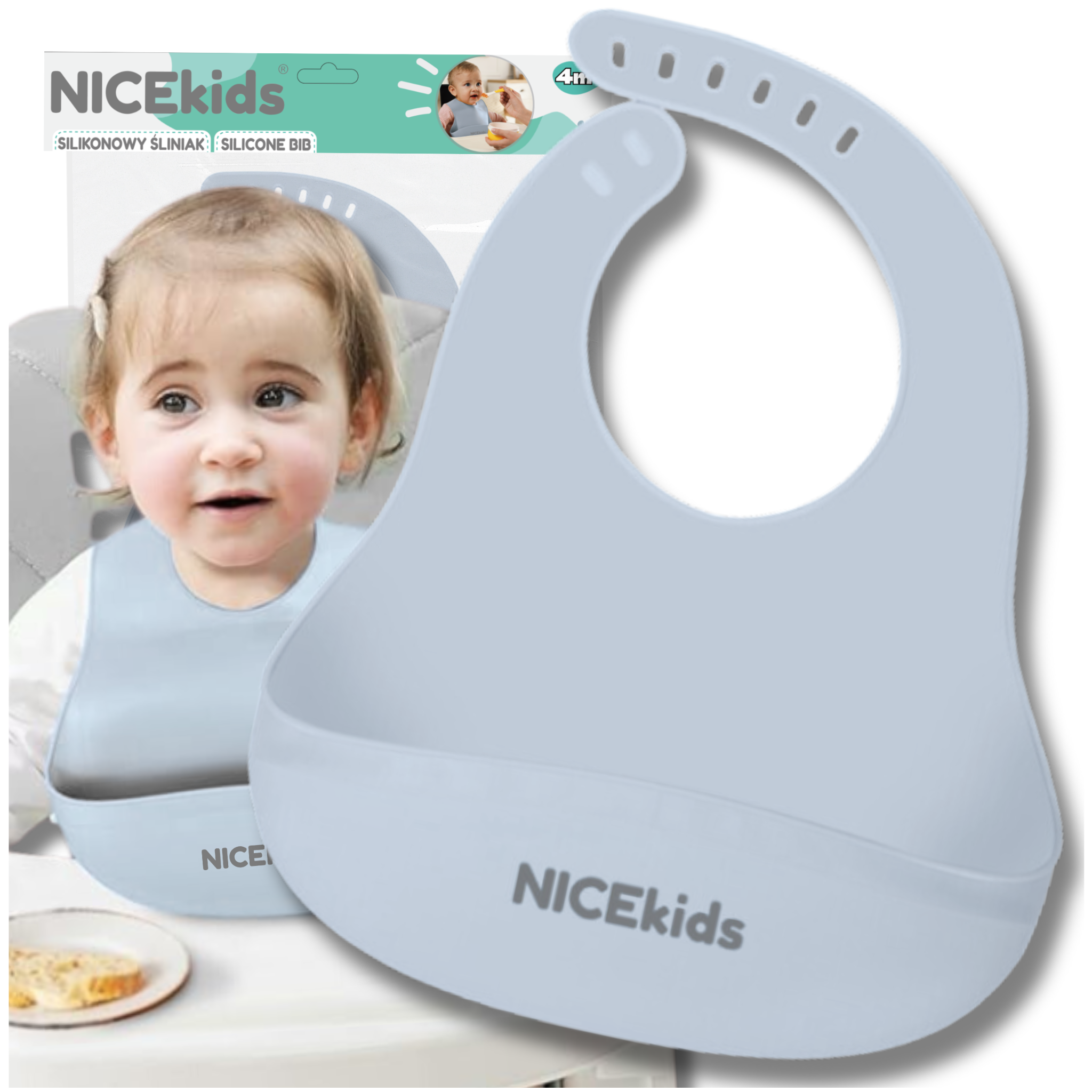 Bakalu NICEkids silikona priekšautiņš ar kabatu, zils
