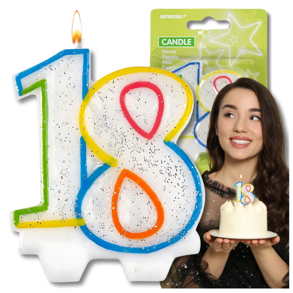 Bakalu dzimšanas dienas svece "18" ar spīdumiem, krāsaina