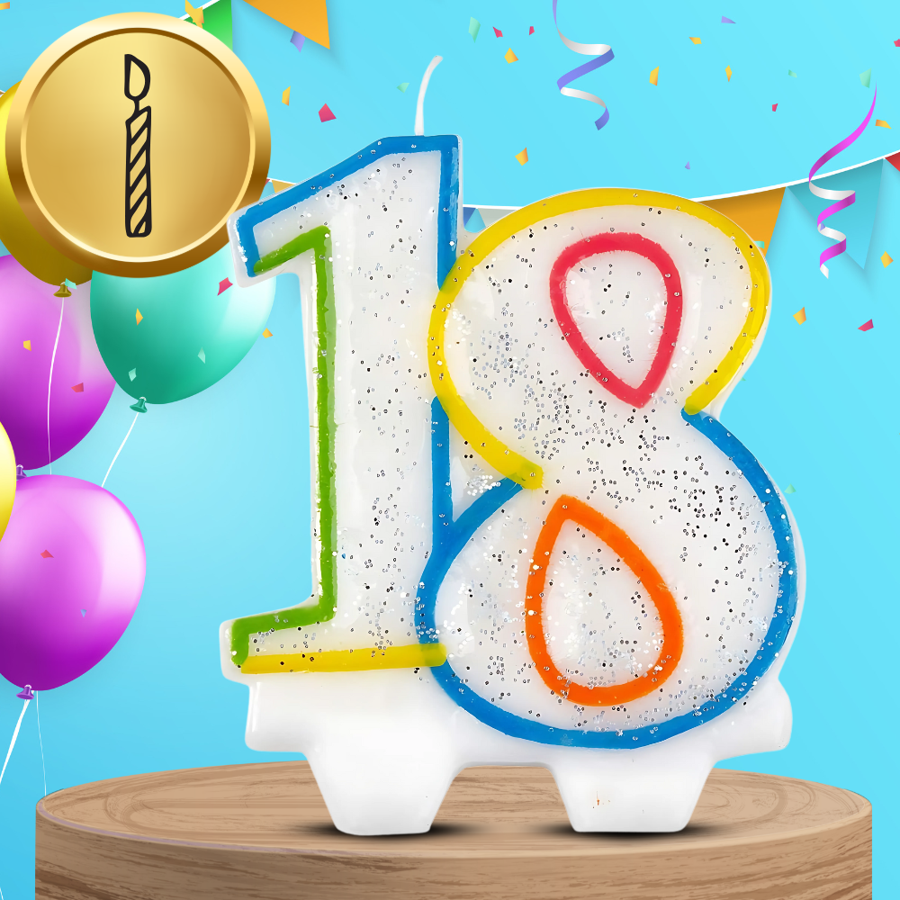 Bakalu dzimšanas dienas svece \"18\" ar spīdumiem, krāsaina