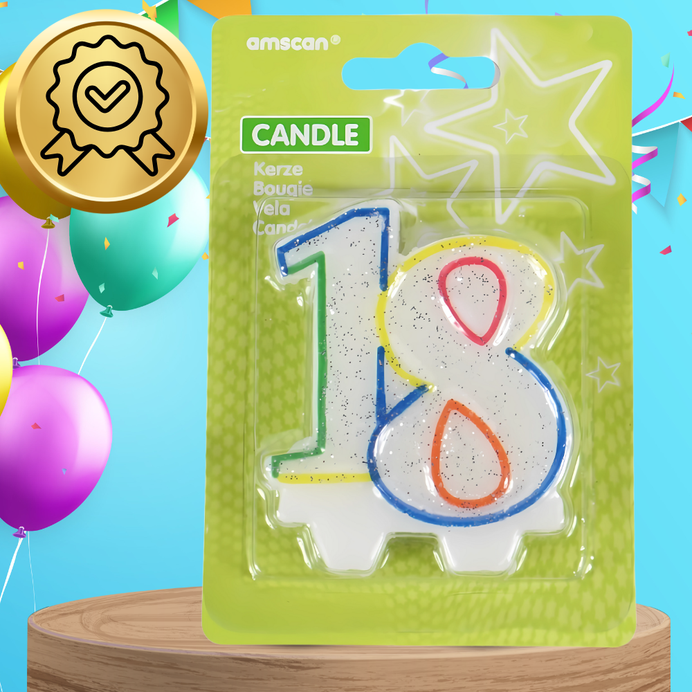 Bakalu dzimšanas dienas svece \"18\" ar spīdumiem, krāsaina