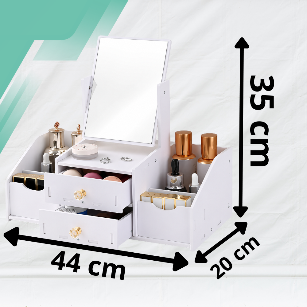 Kosmētikas organizators ar spoguli un atvilktnēm, balts, 40x35x20 cm