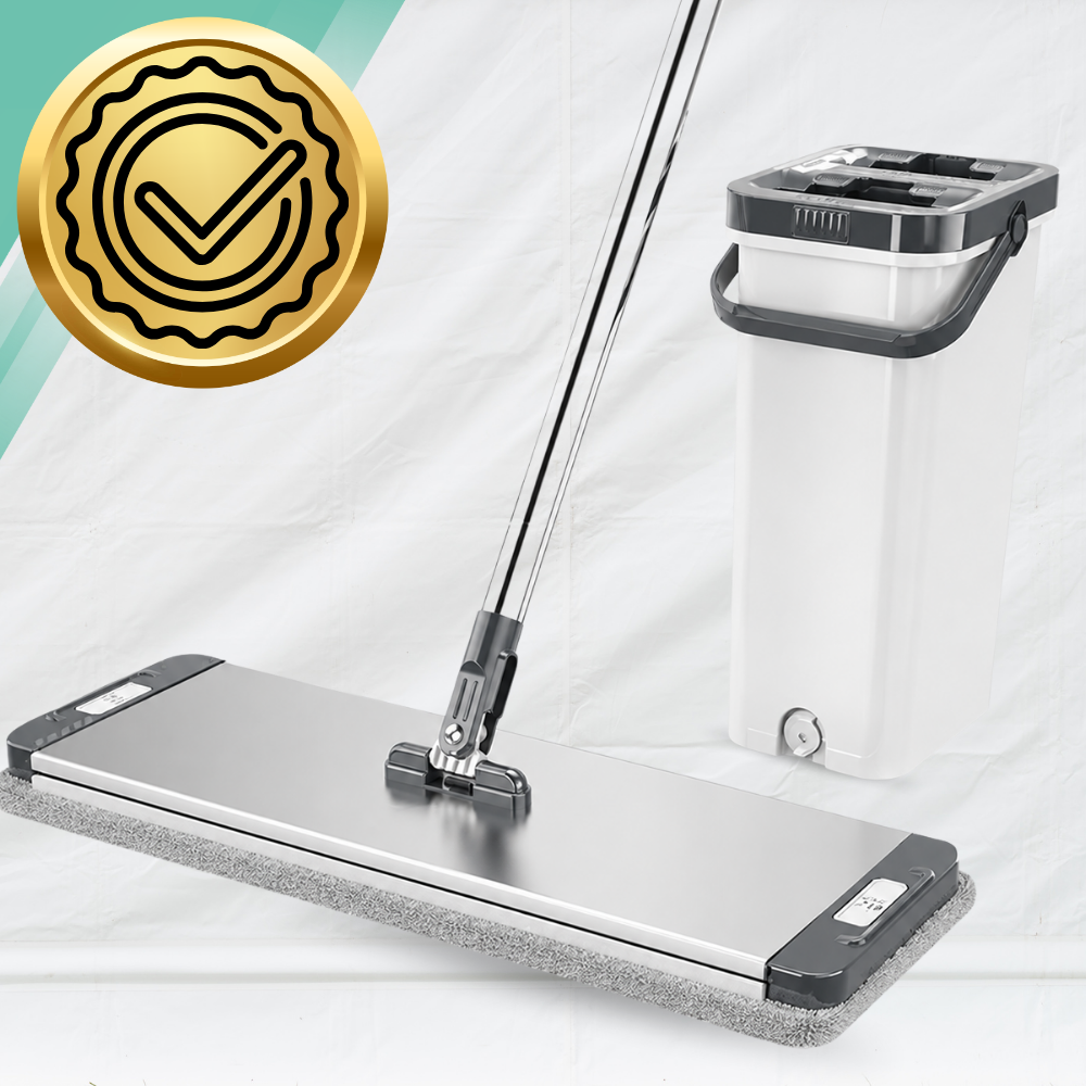 Grīdas mops ar divu nodalījumu spaini Wash + Dry, 33 cm alumīnija galva, 4 mikrošķiedras uzgaļi